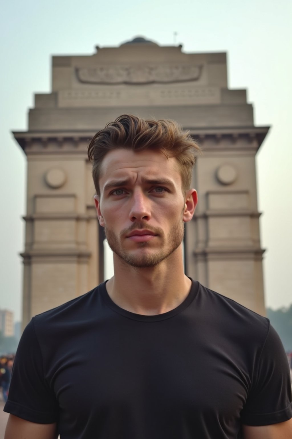 man in Delhi with the India Gate in the background