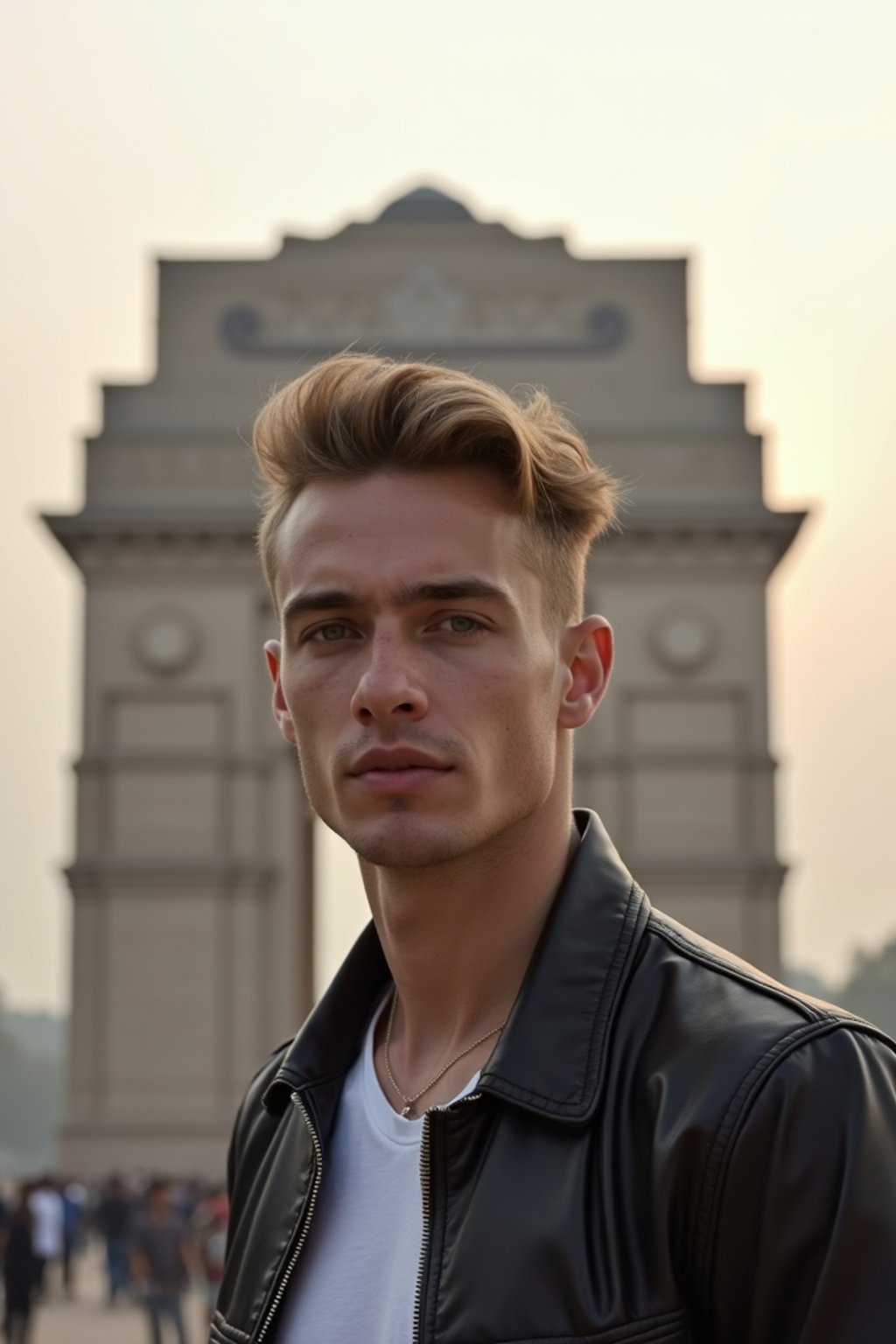 man in Delhi with the India Gate in the background