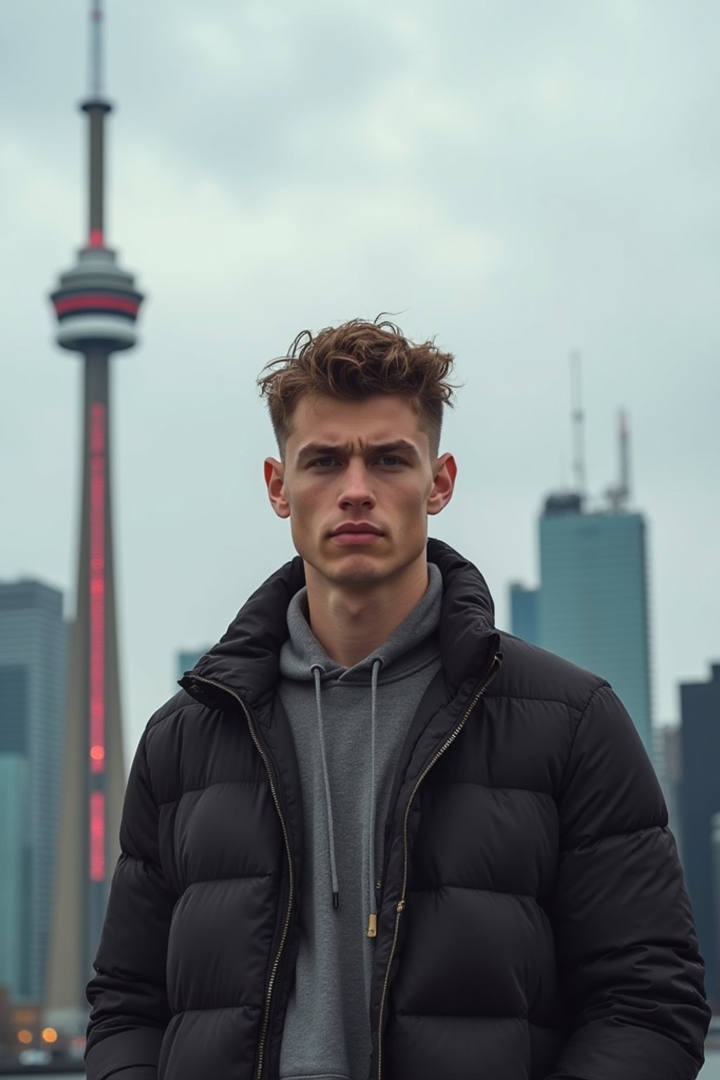 man in Toronto with the CN Tower in the background