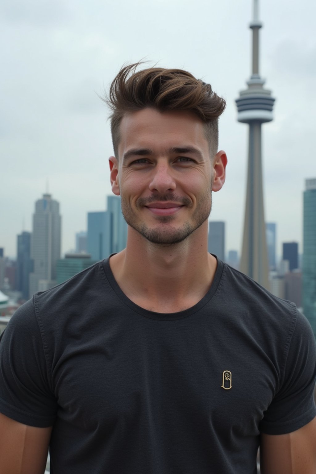 man in Toronto with the CN Tower in the background