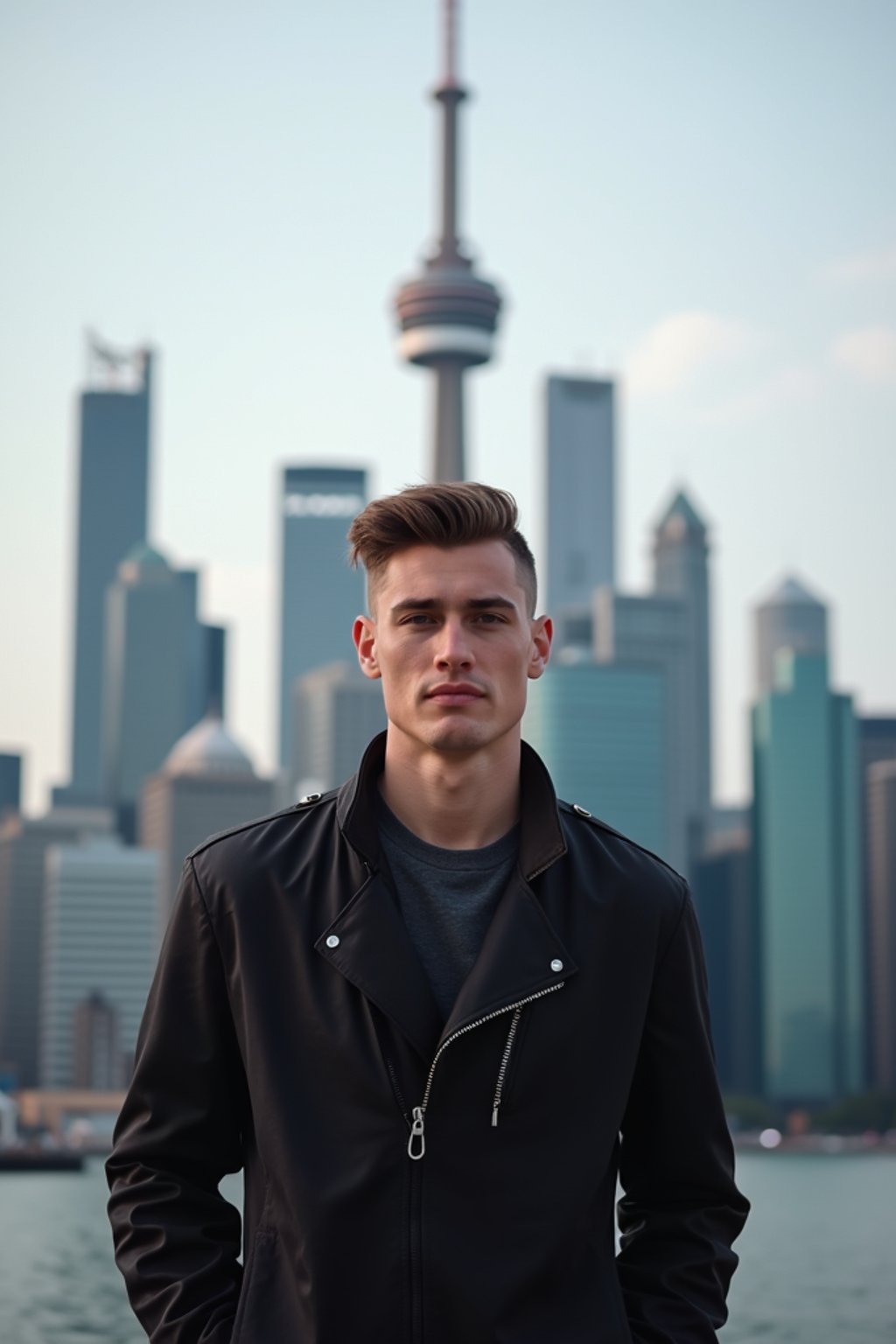 man in Toronto with the CN Tower in the background