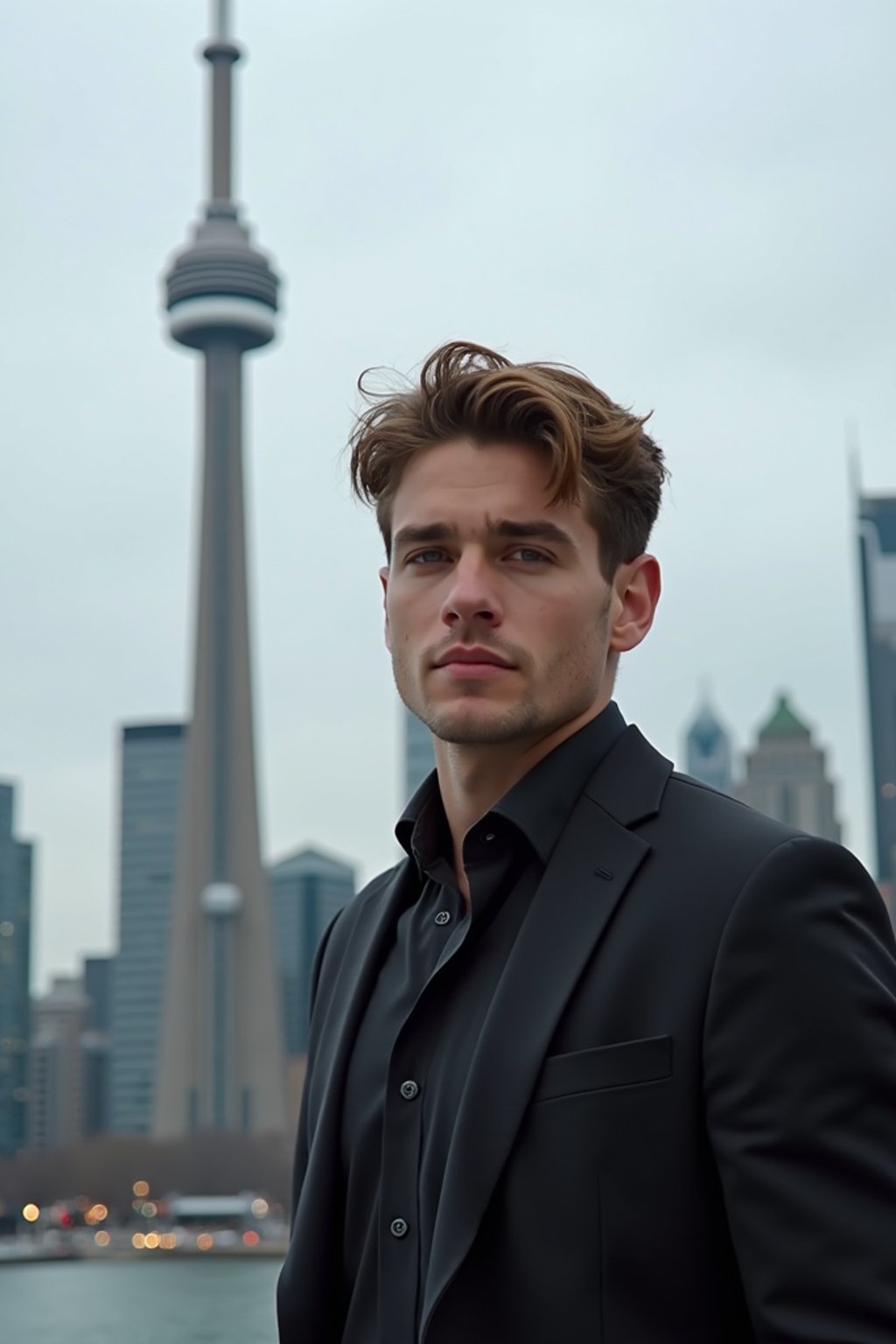 man in Toronto with the CN Tower in the background