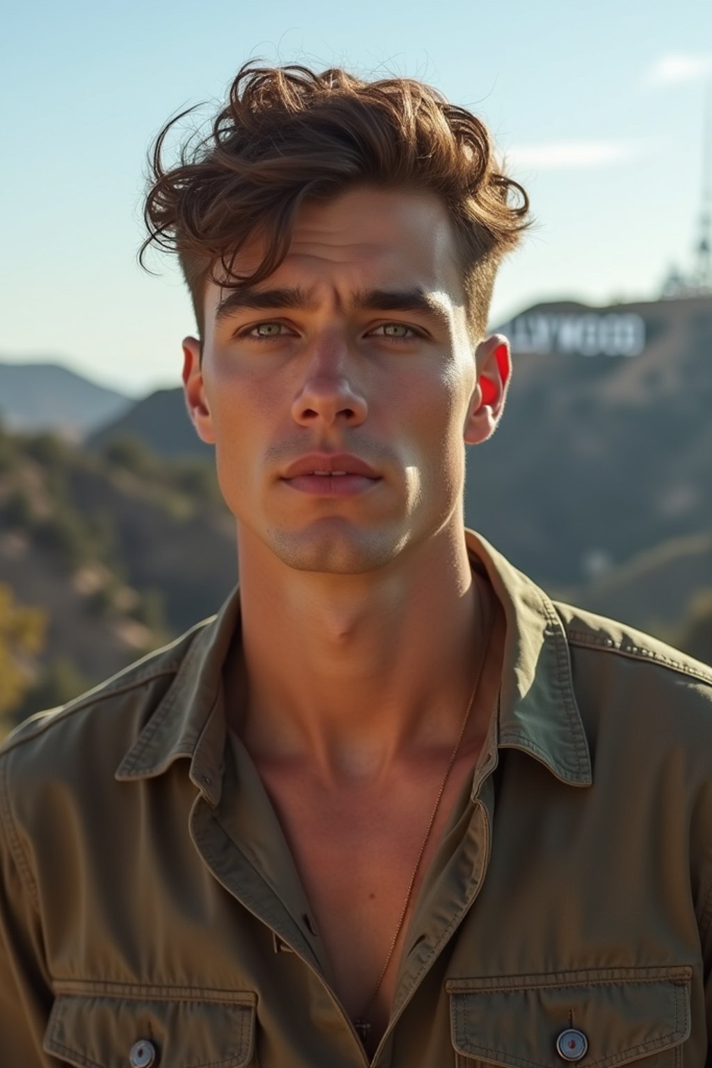 man in Los Angeles with the Hollywood sign in the background