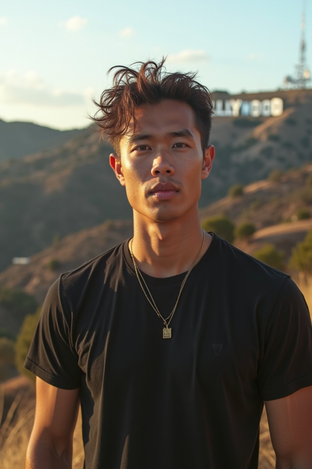 man in Los Angeles with the Hollywood sign in the background