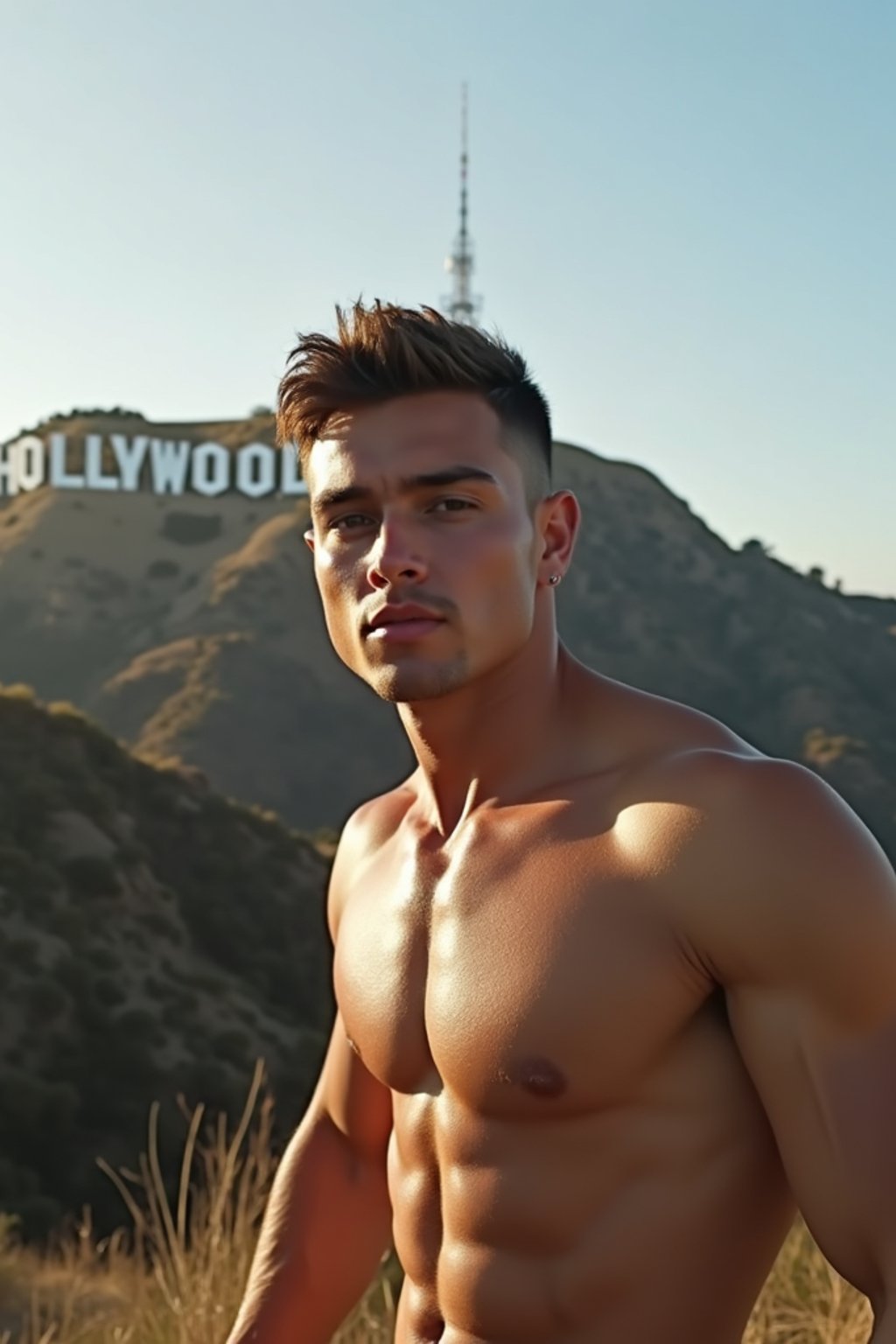 man in Los Angeles with the Hollywood sign in the background