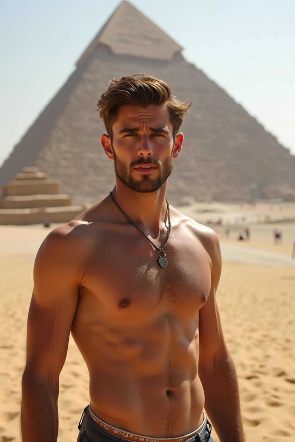 man in Cairo with the Pyramids of Giza in the background