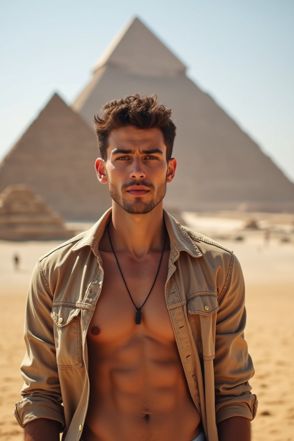 man in Cairo with the Pyramids of Giza in the background