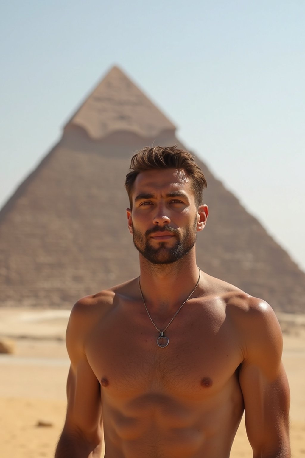 man in Cairo with the Pyramids of Giza in the background