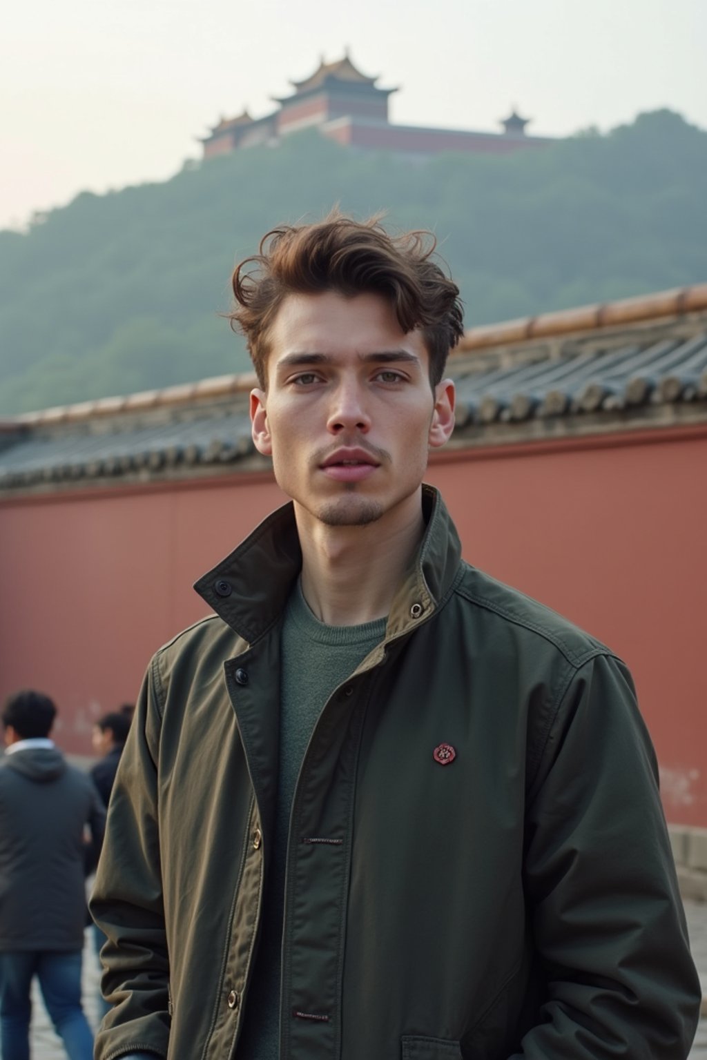 man in Beijing with the Great Wall in the background