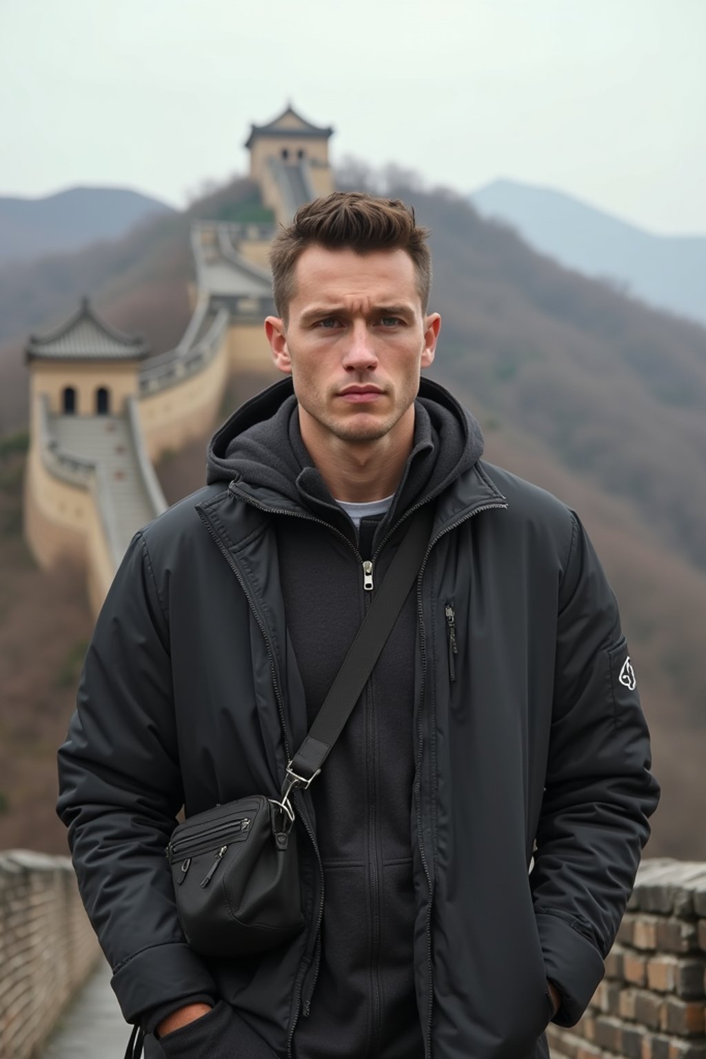 man in Beijing with the Great Wall in the background