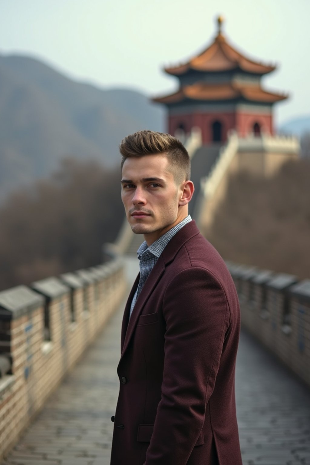 man in Beijing with the Great Wall in the background