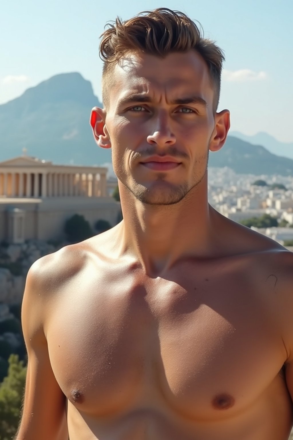 man in Athens with the Acropolis in the background