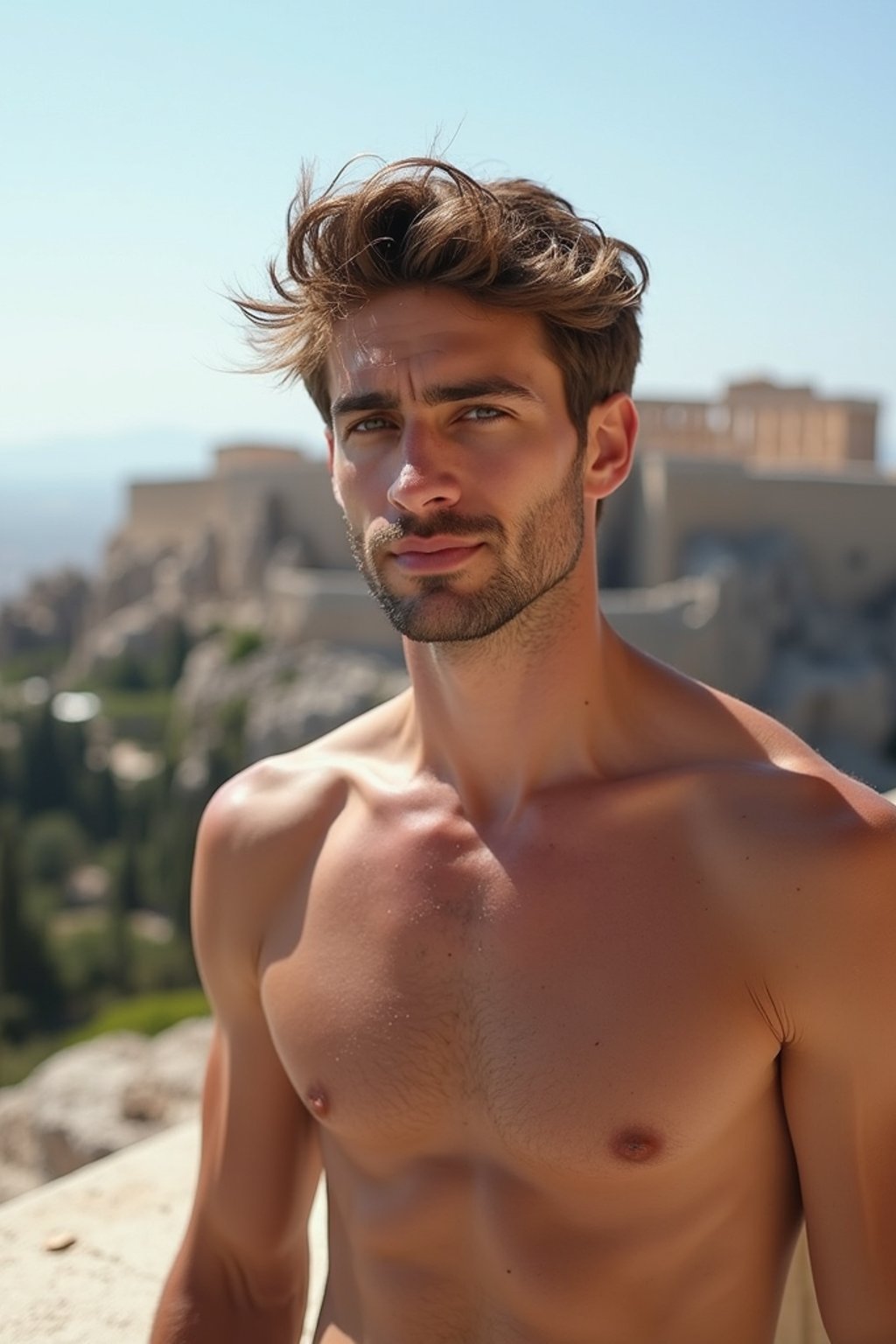 man in Athens with the Acropolis in the background