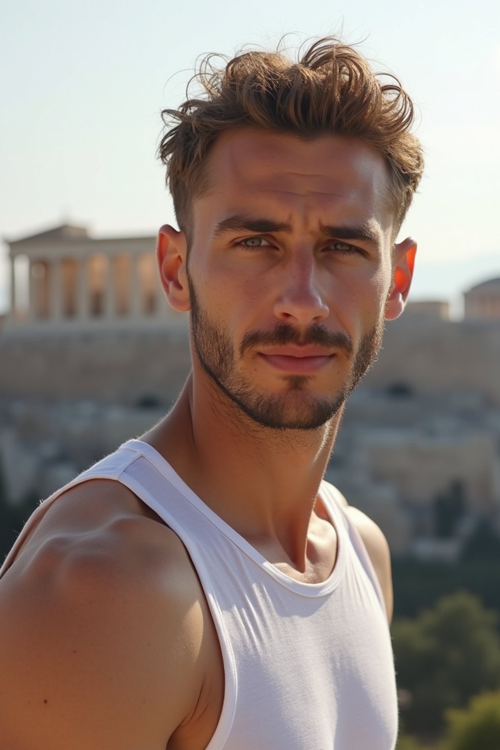 man in Athens with the Acropolis in the background