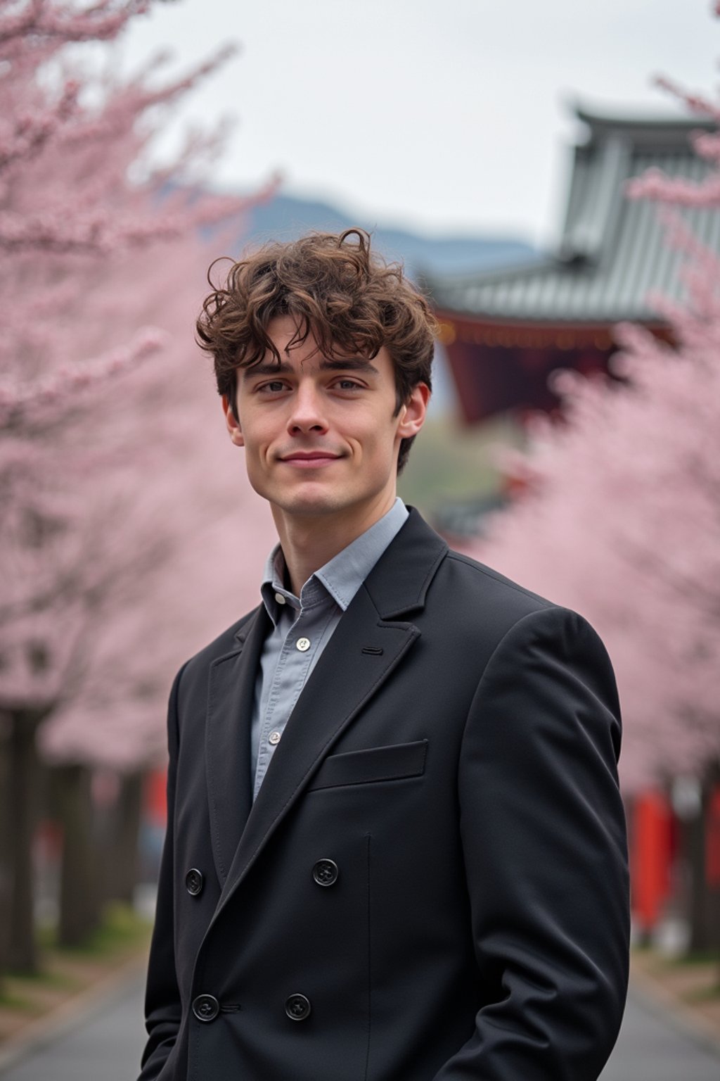 man in Japan with Japanese Cherry Blossom Trees and Japanese temples in background