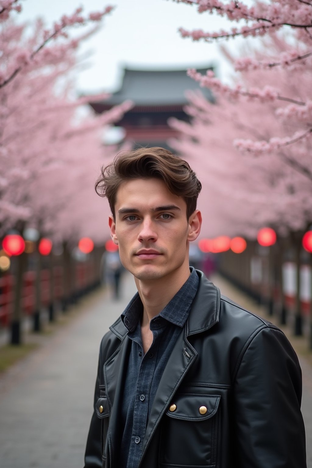 man in Japan with Japanese Cherry Blossom Trees and Japanese temples in background