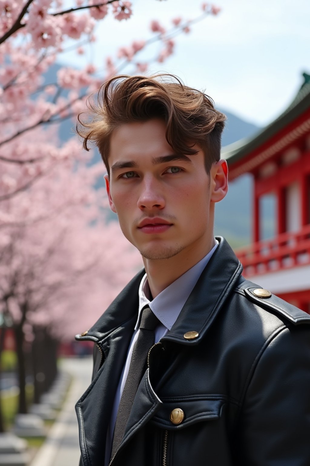 man in Japan with Japanese Cherry Blossom Trees and Japanese temples in background