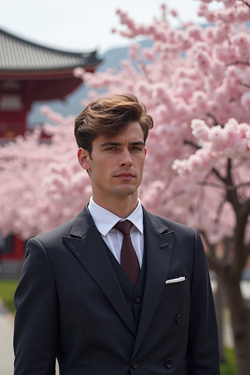 man in Japan with Japanese Cherry Blossom Trees and Japanese temples in background