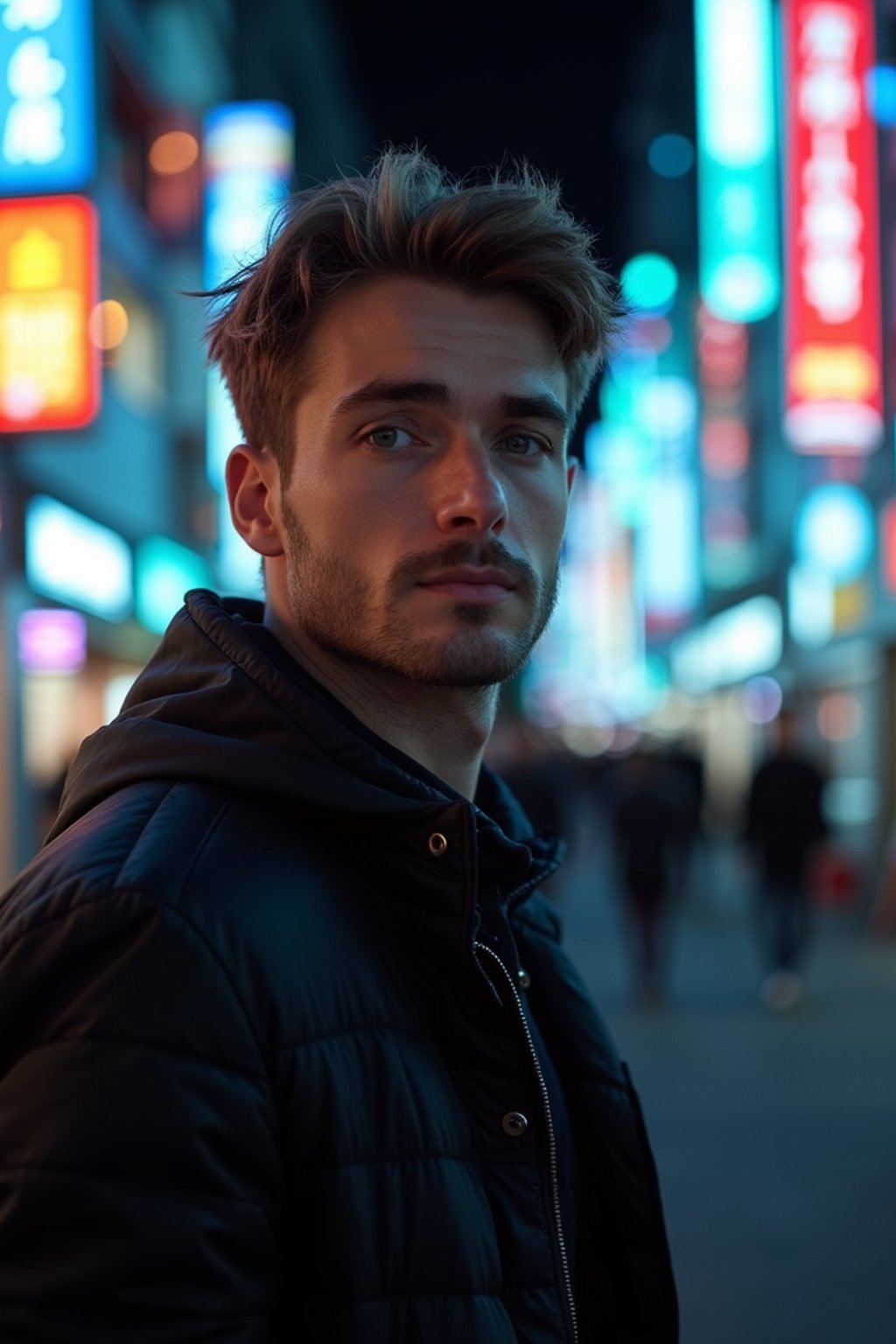 man in Tokyo at night with neon lights