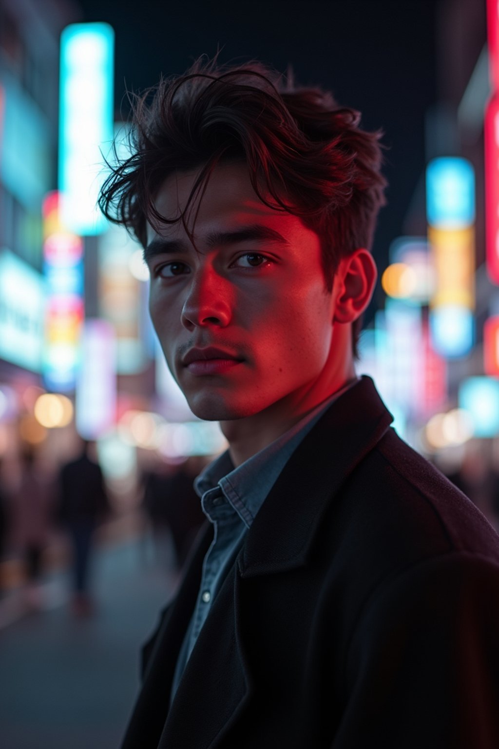 man in Tokyo at night with neon lights