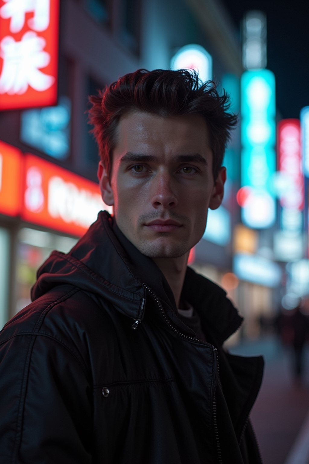 man in Tokyo at night with neon lights