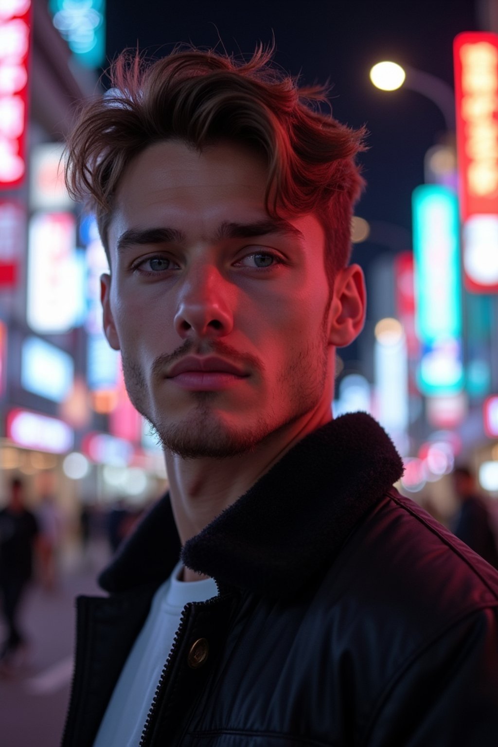 man in Tokyo at night with neon lights