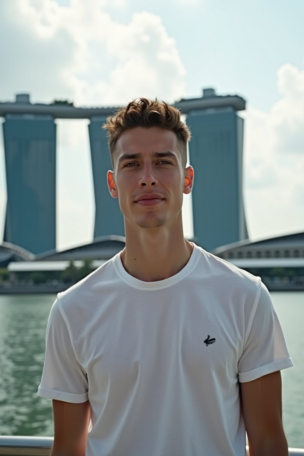 man in Singapore with Marina Bay Sands in background