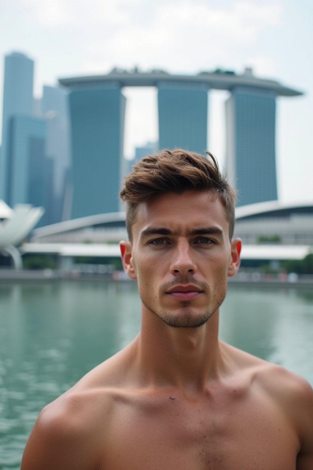 man in Singapore with Marina Bay Sands in background