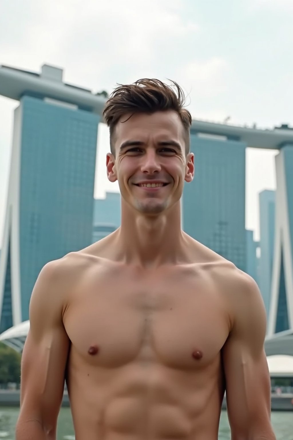 man in Singapore with Marina Bay Sands in background