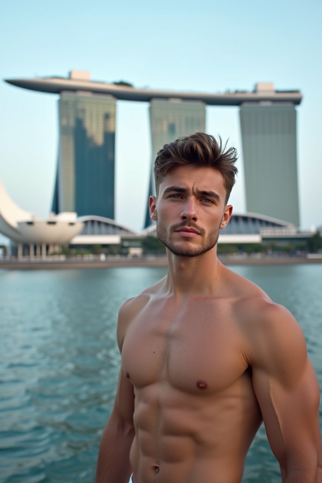 man in Singapore with Marina Bay Sands in background