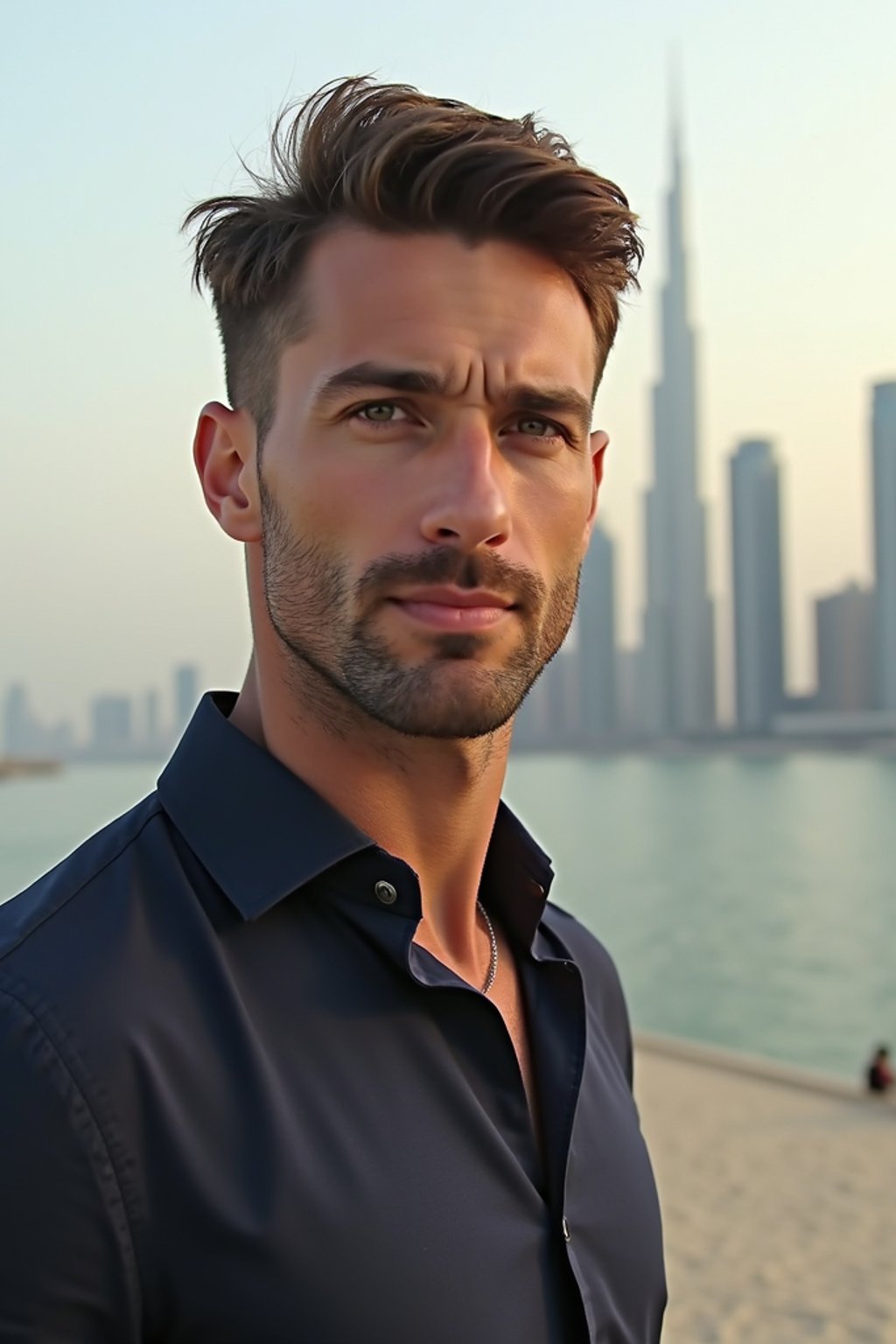 man in Dubai with skyline in background