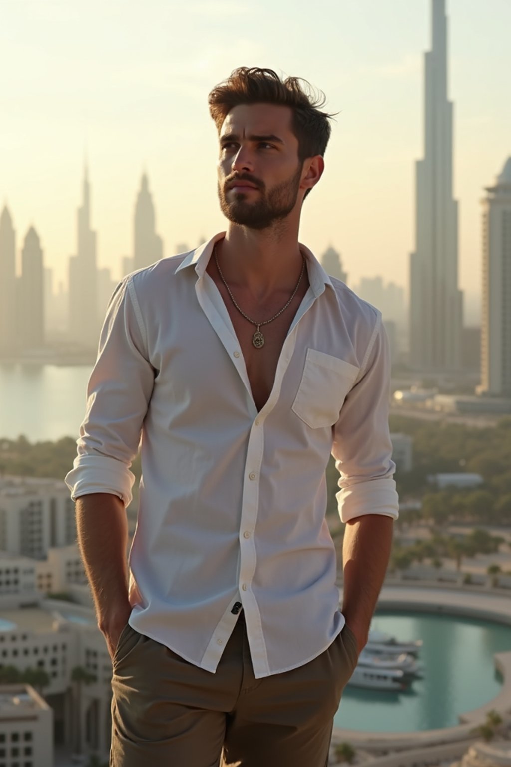 man in Dubai with skyline in background