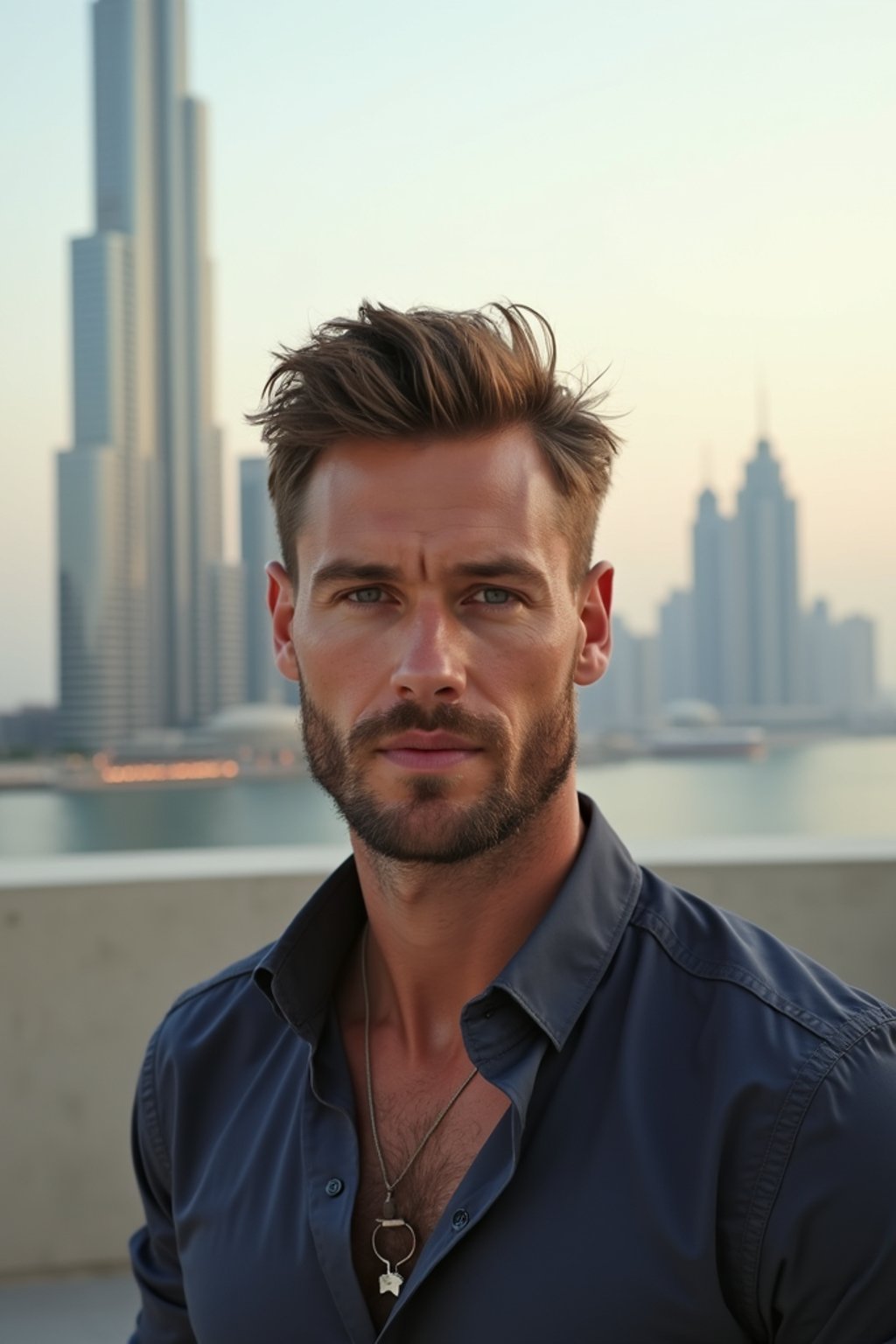 man in Dubai with skyline in background