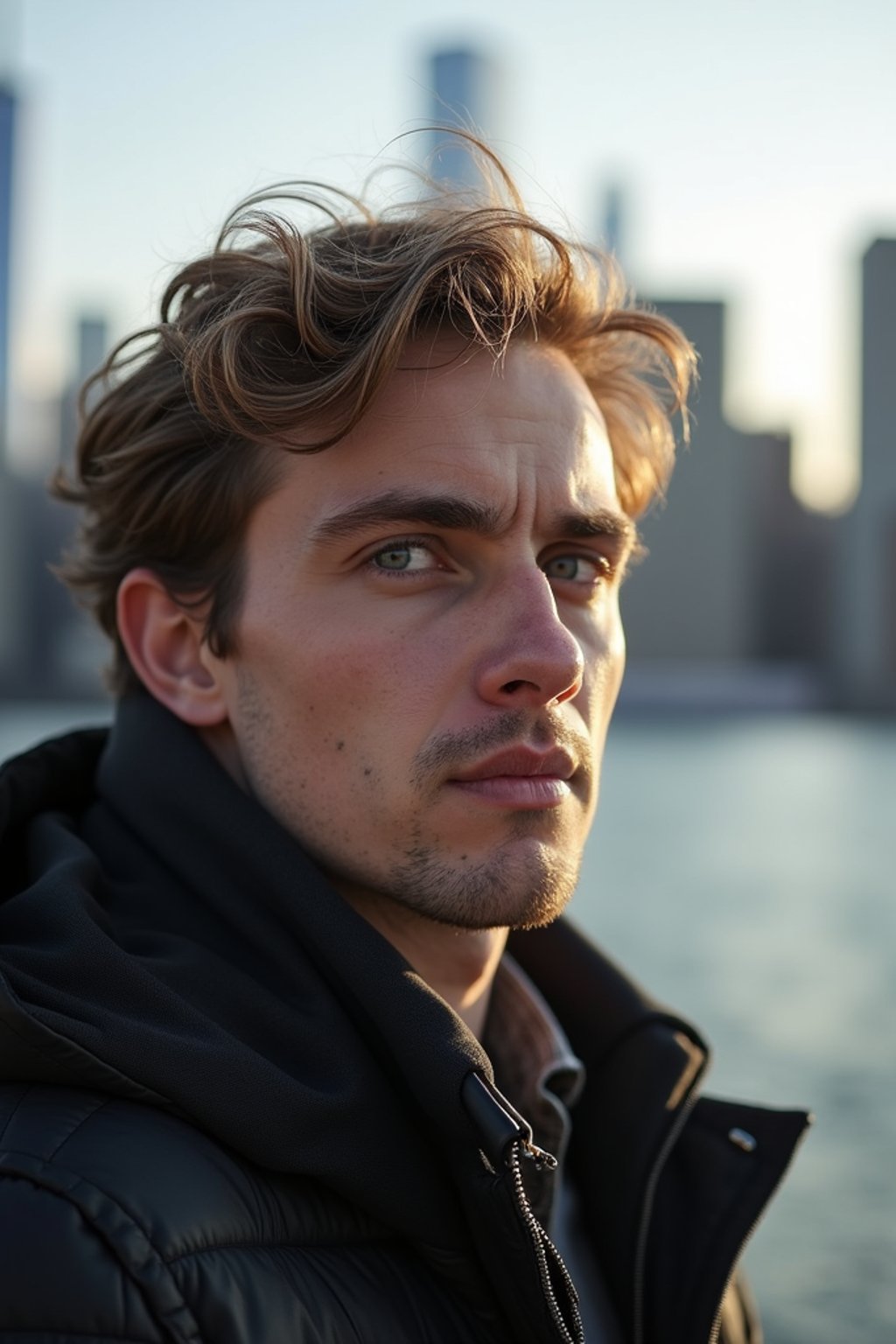 man in New York City with Manhattan in background