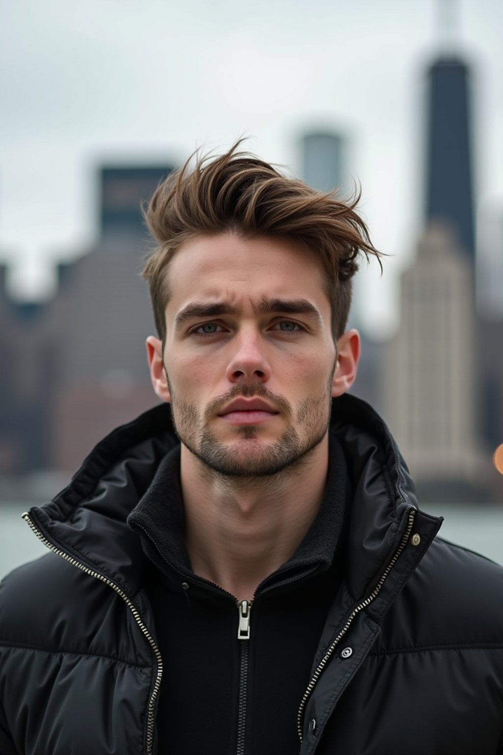 man in New York City with Manhattan in background