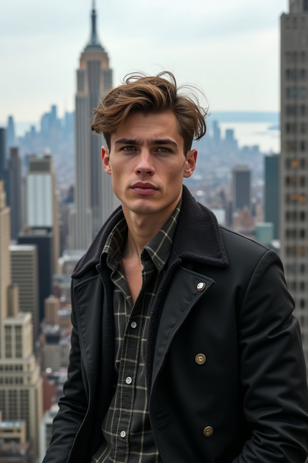 man in New York City with Manhattan in background