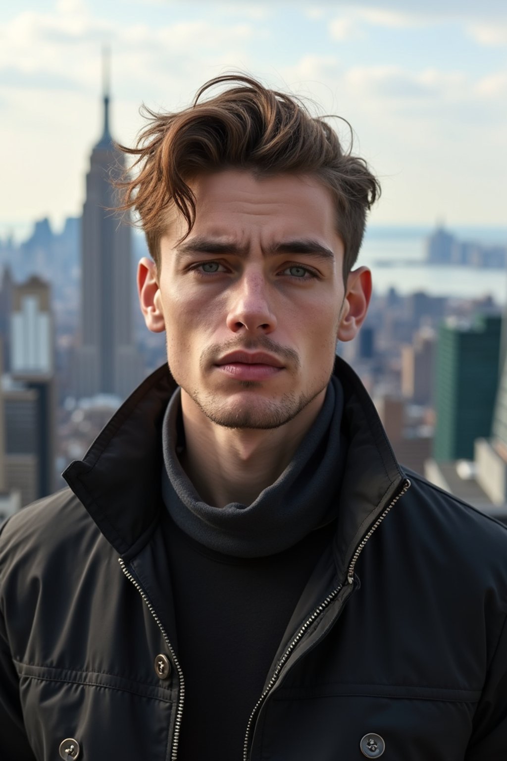 man in New York City with Manhattan in background