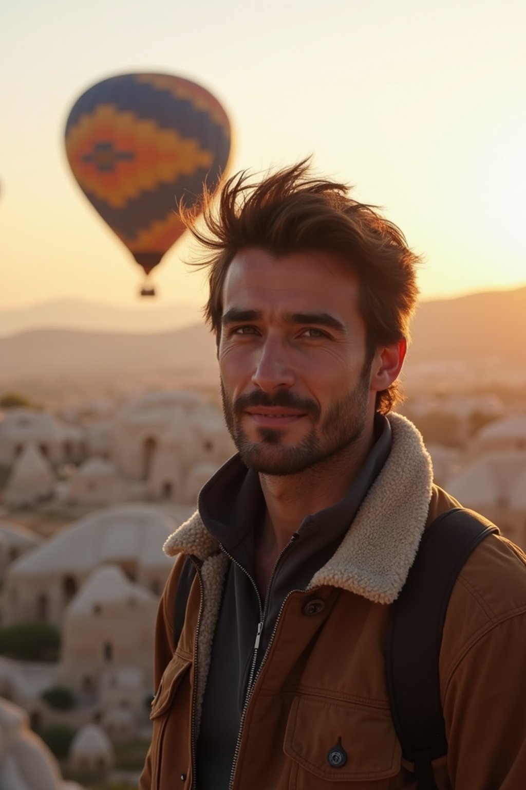 Breathtakingly man with hot air balloons in the background in cappadocia, Türkiye. Cappadocia, Turkey