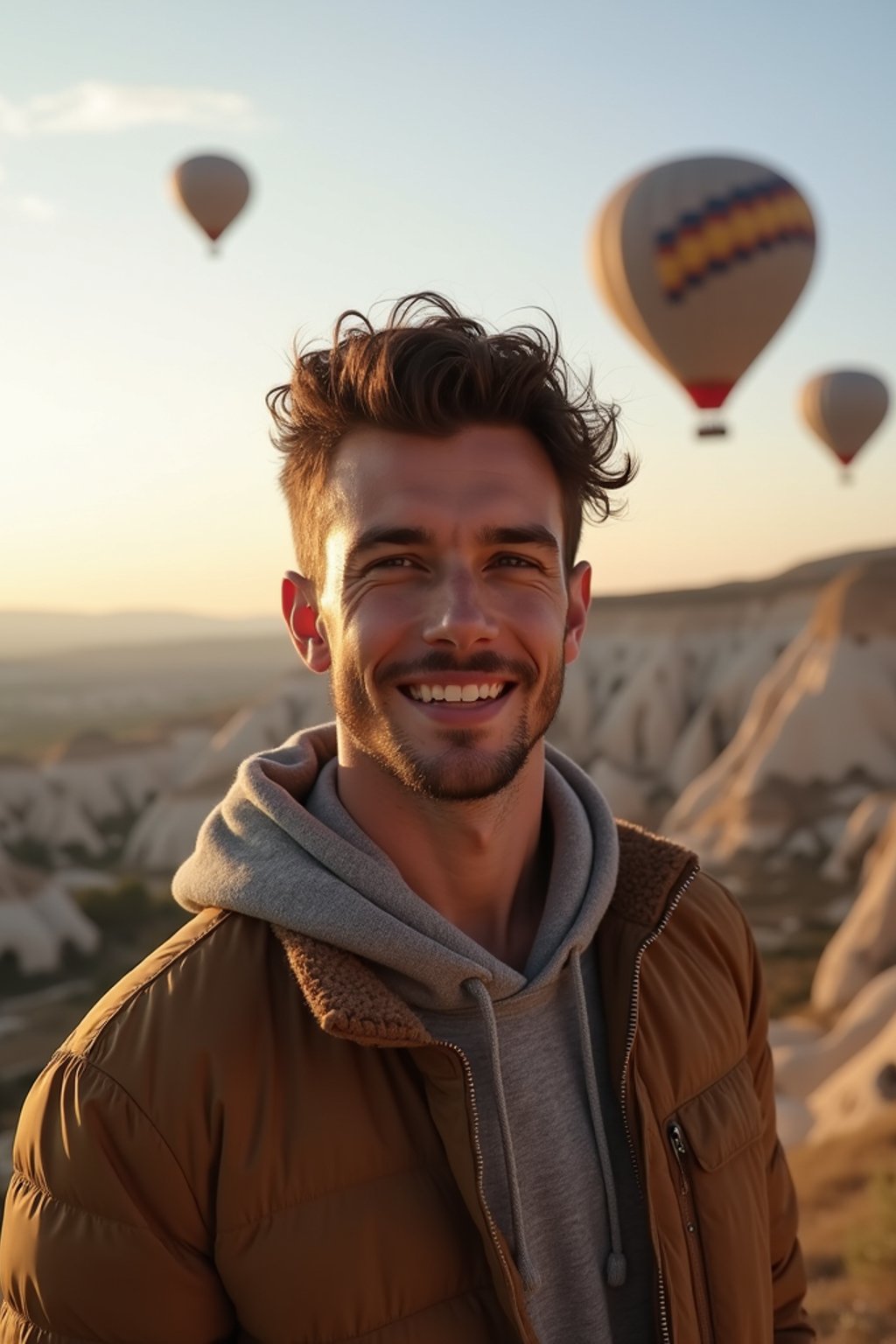 Breathtakingly man with hot air balloons in the background in cappadocia, Türkiye. Cappadocia, Turkey