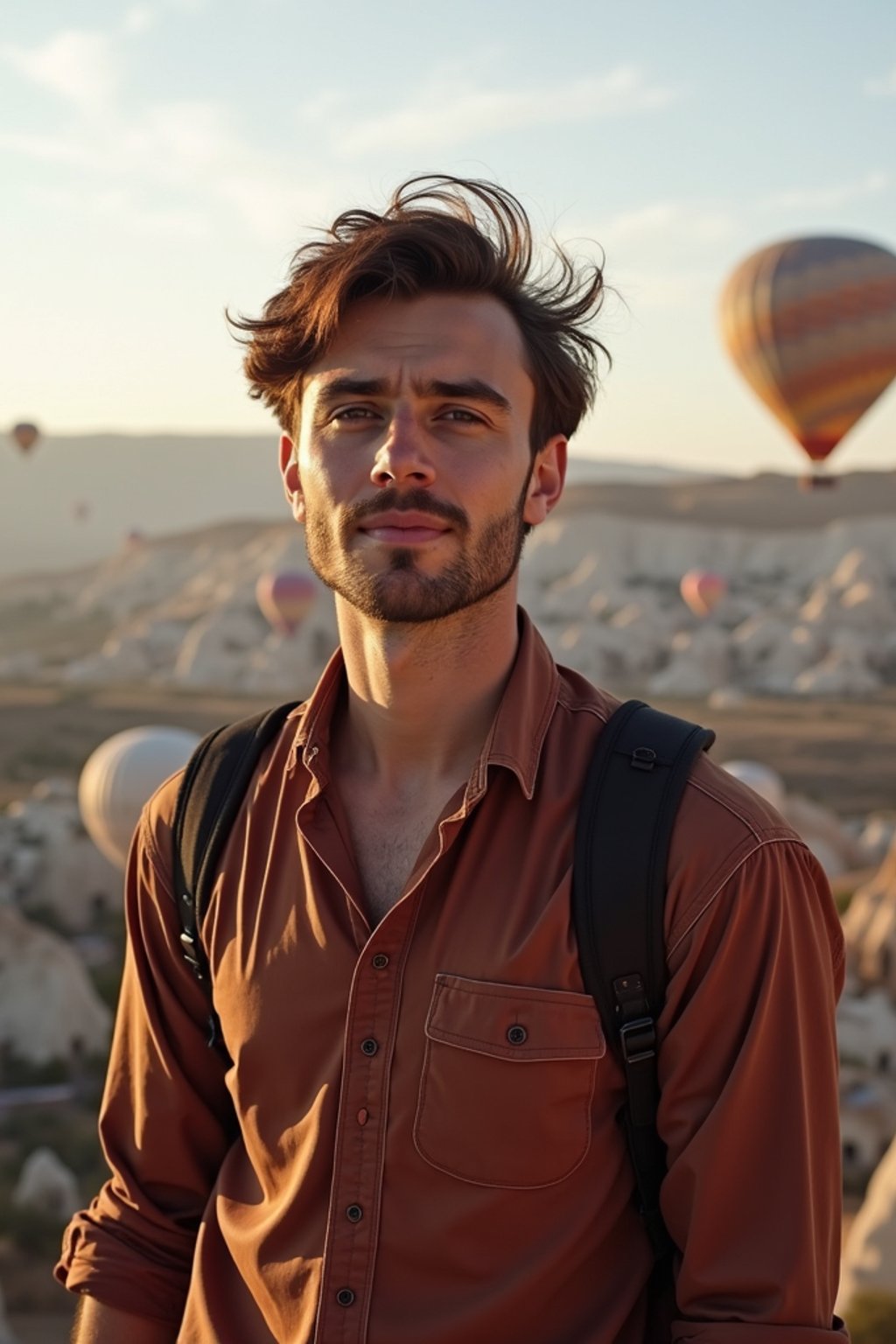 Breathtakingly man with hot air balloons in the background in cappadocia, Türkiye. Cappadocia, Turkey