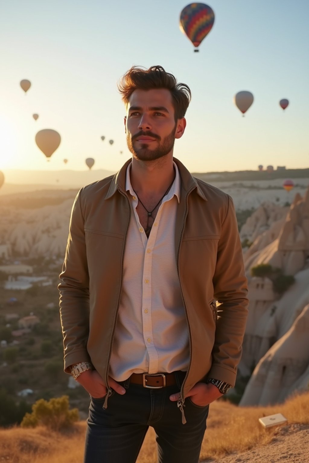 Breathtakingly man with hot air balloons in the background in cappadocia, Türkiye. Cappadocia, Turkey