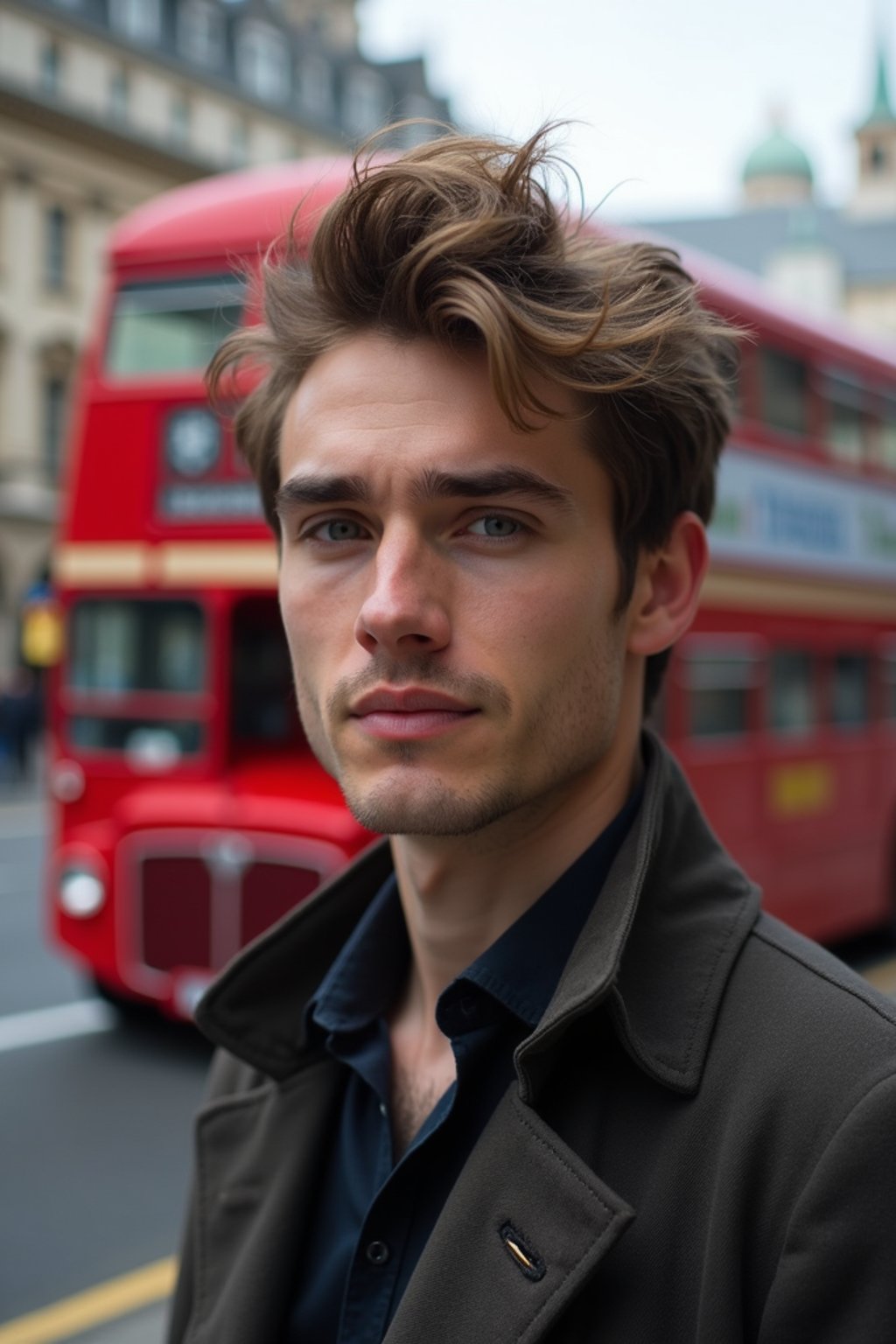 man in London with Double Decker Bus in background