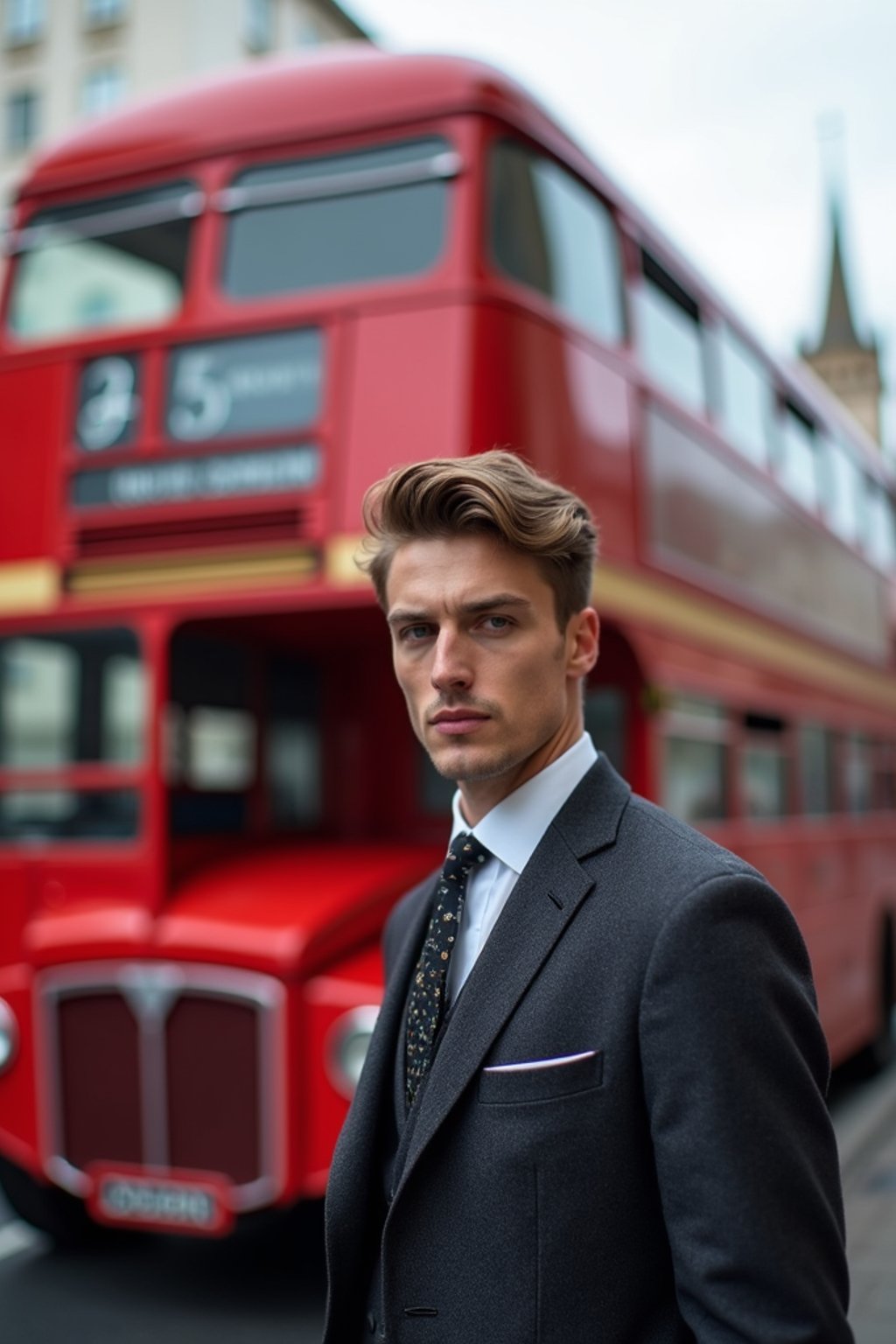 man in London with Double Decker Bus in background