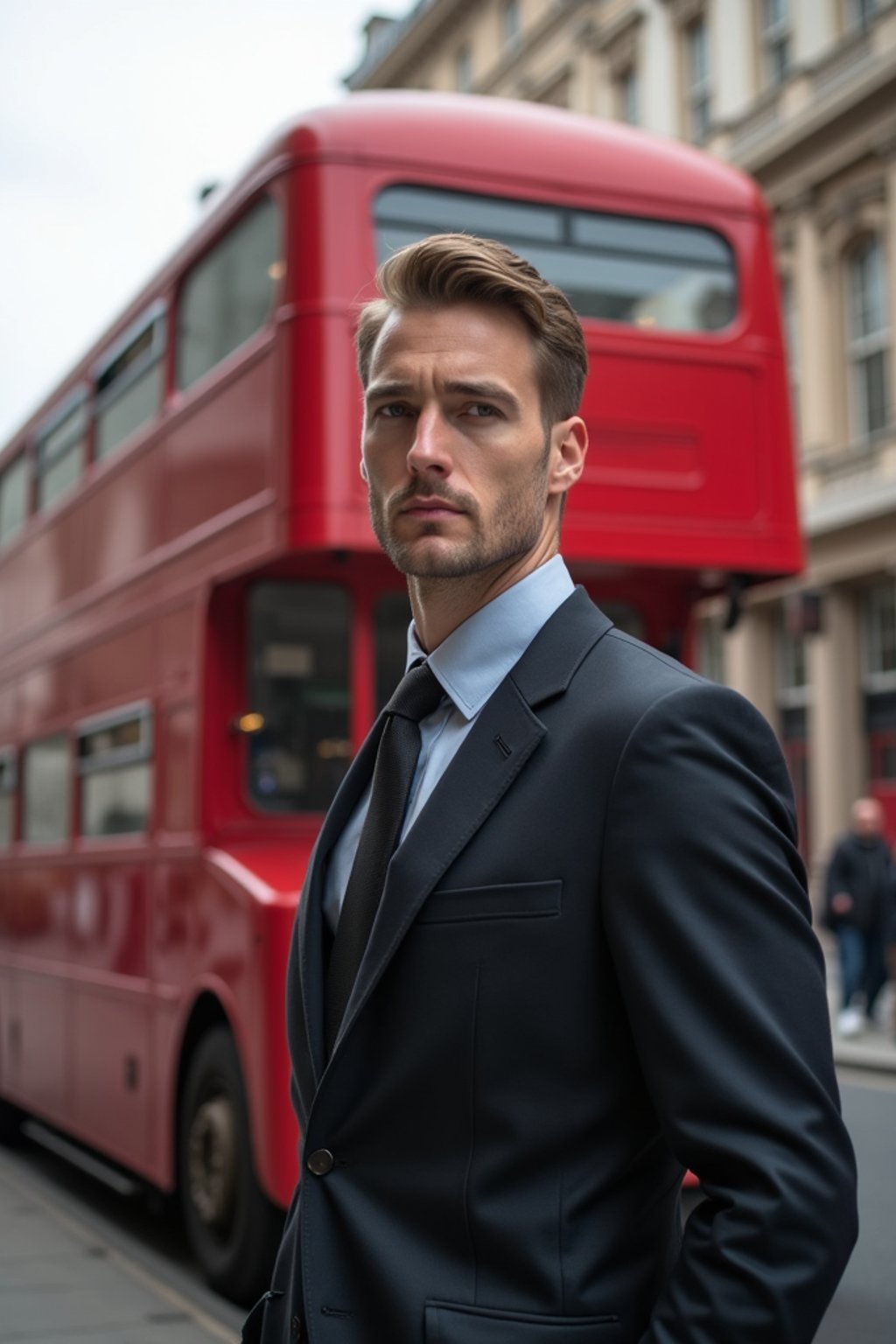 man in London with Double Decker Bus in background