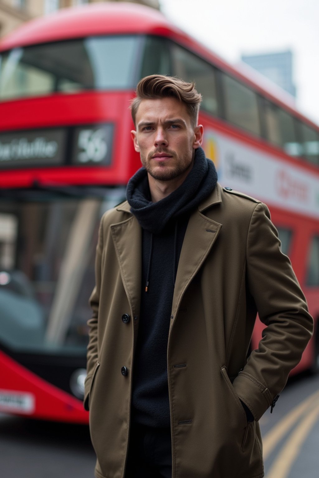 man in London with Double Decker Bus in background