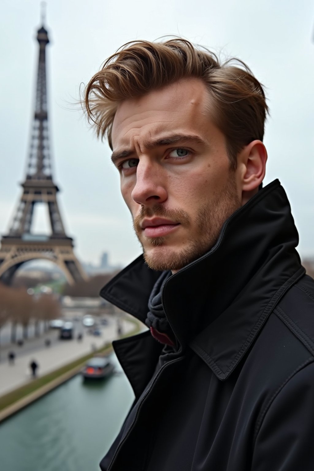 man in Paris with the Eiffel Tower in background