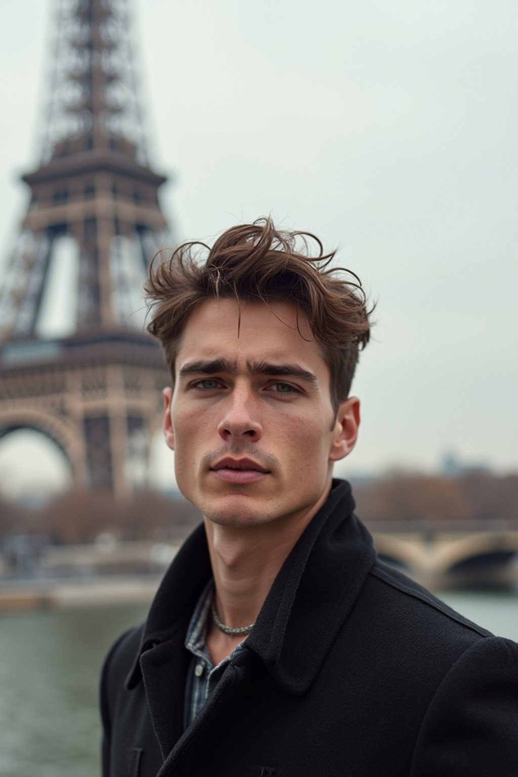 man in Paris with the Eiffel Tower in background