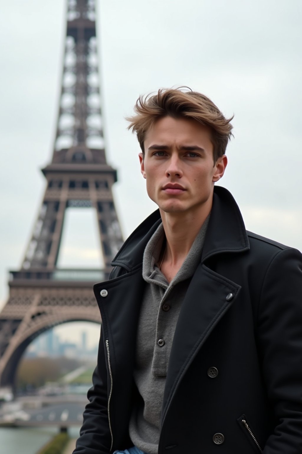 man in Paris with the Eiffel Tower in background