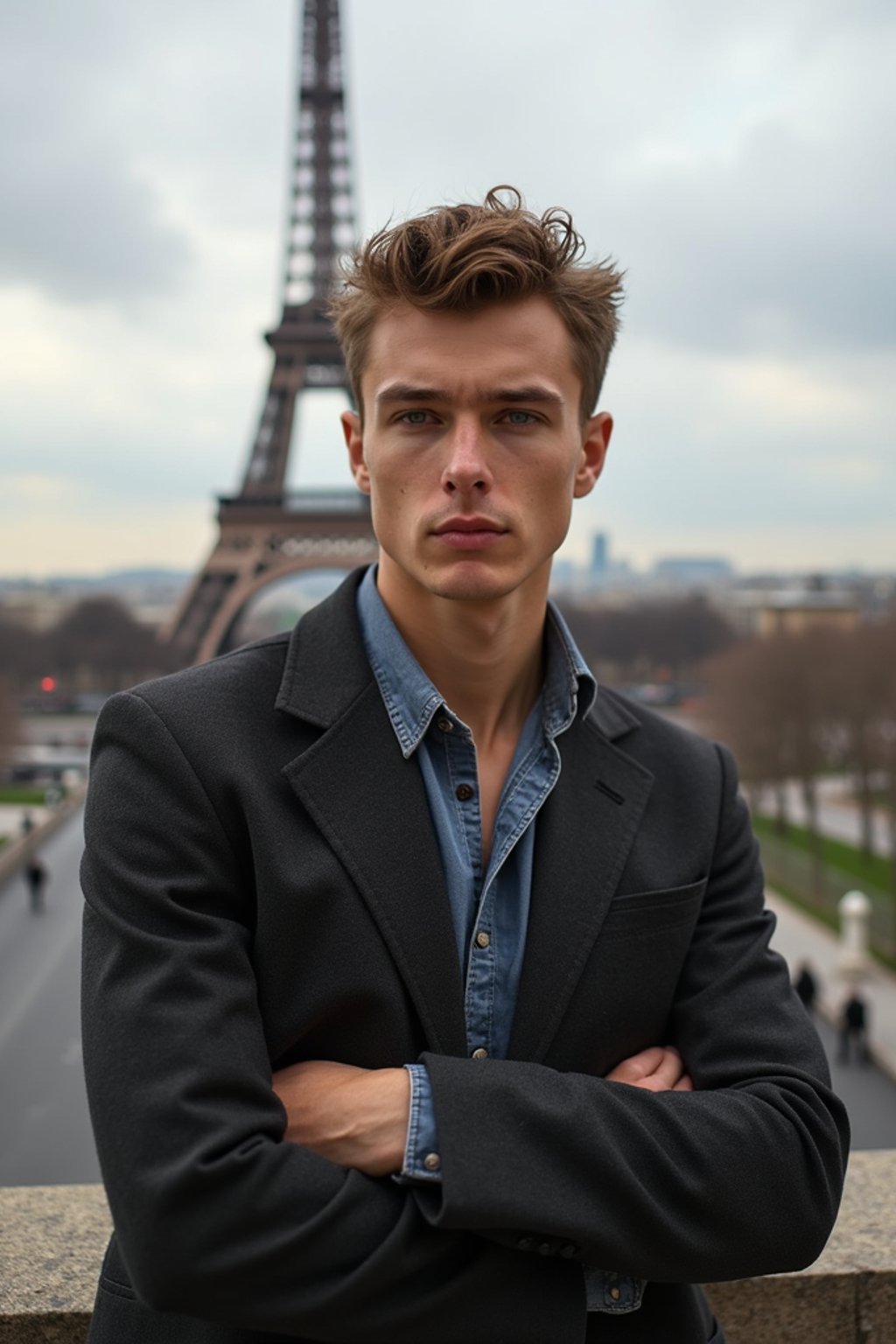 man in Paris with the Eiffel Tower in background