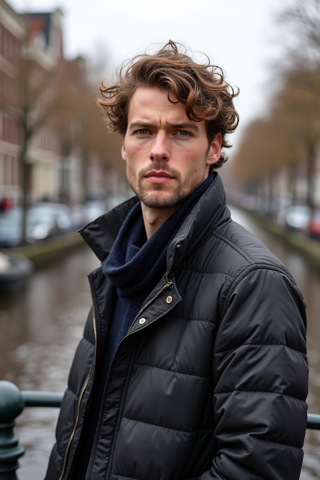 man in Amsterdam with the Amsterdam Canals in background